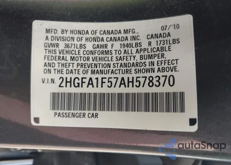 2010 Honda Civic Lx from USA, damaged, VIN 2HGFA1F57AH578370